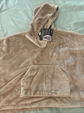 Plush Hooded Poncho Sweater - Beige